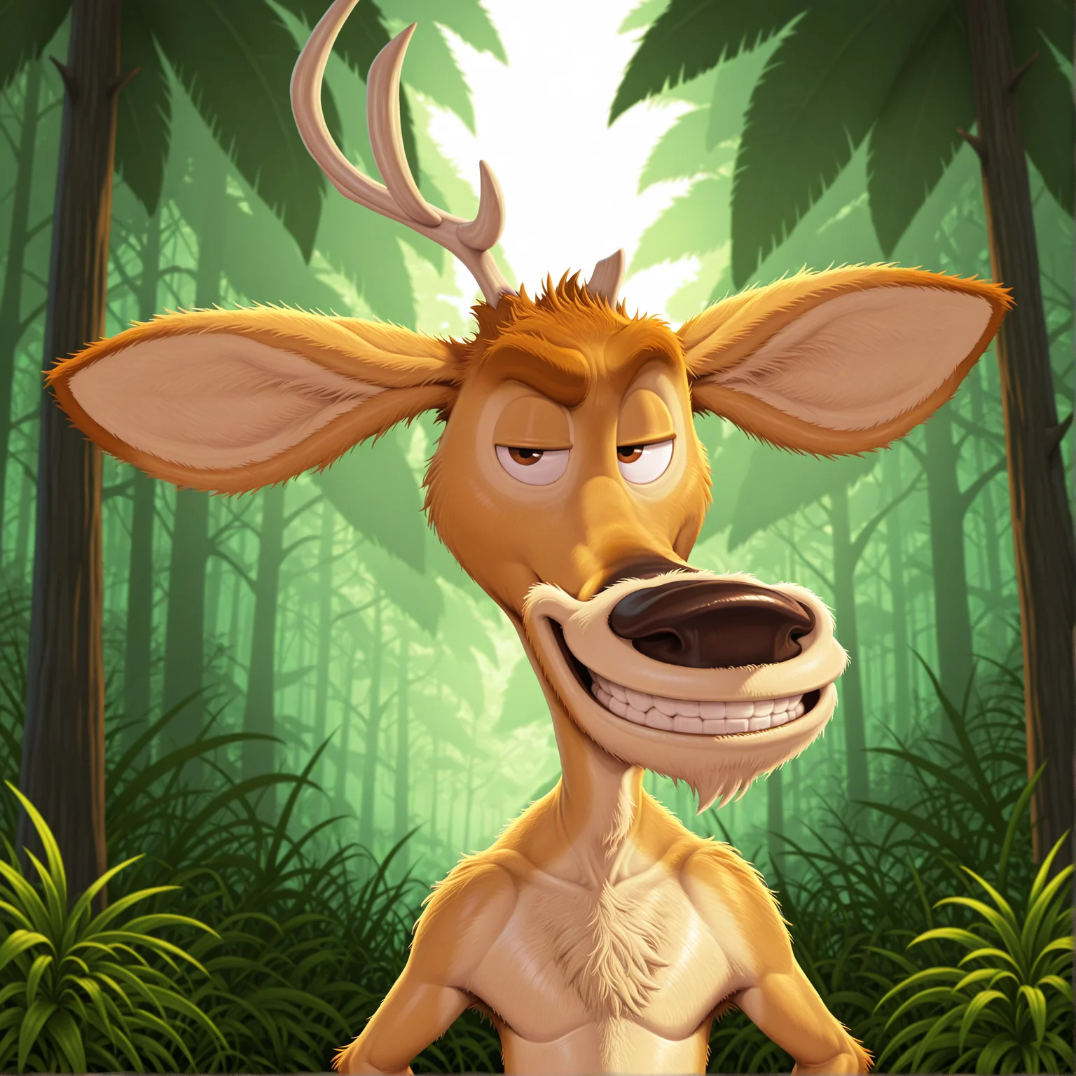 elliot the deer, masterpiece, best quality, by gerrkk, by narse, by kuma, front view, forest background bust portrait, grin, half-closed eyes, looking at viewer
<lora:Elliot (Open Season) - NoobAIXL:1>