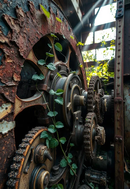 A detailed view of abandoned industrial machinery being reclaimed by nature. Flaking rust patterns, vines weaving through gears, peeling paint, textures of metal and decay, shafts of light highlighting textures, extreme close-up, gritty, atmospheric light.