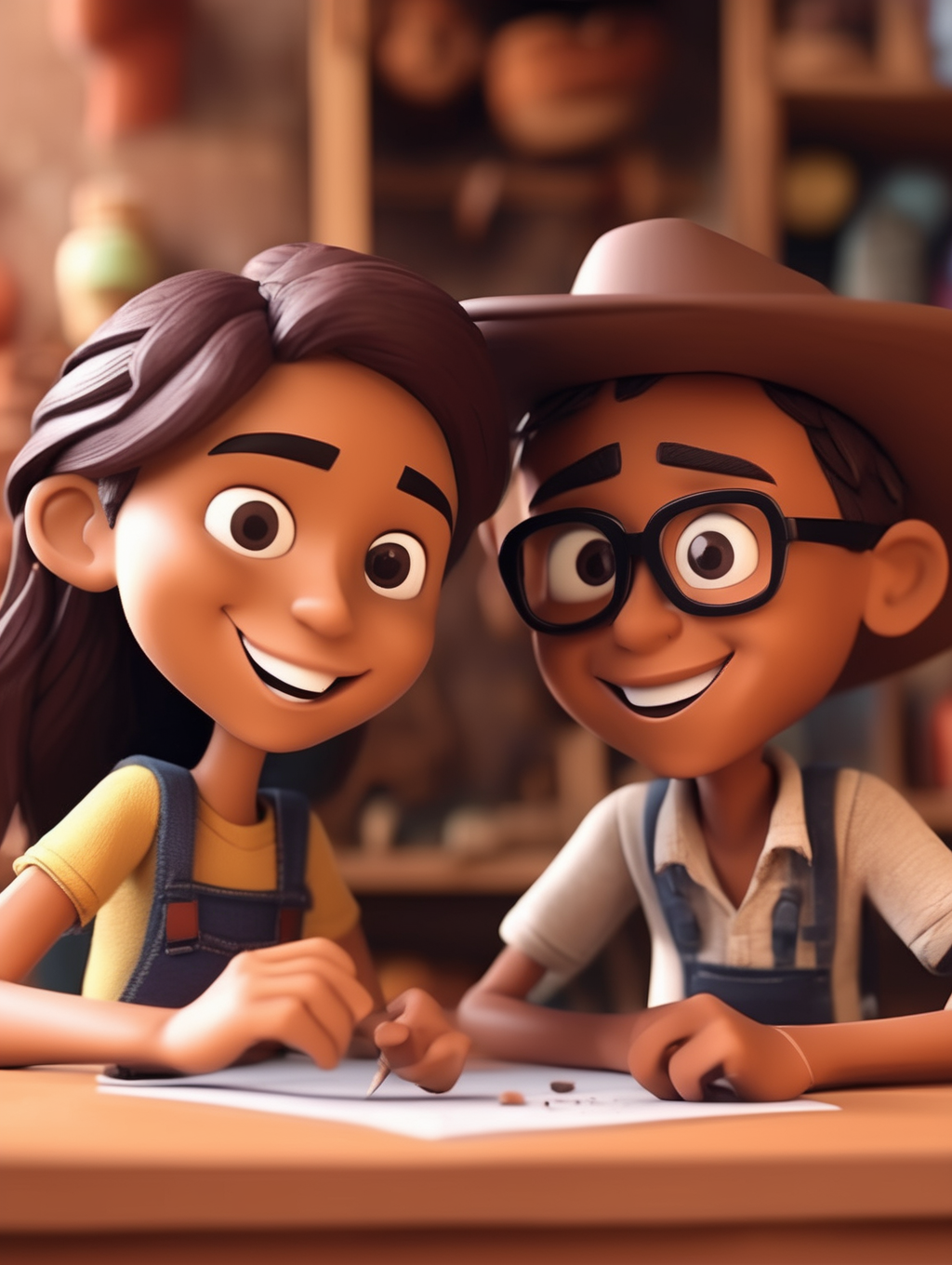 <lora:Clay Animation:1>Clay Animation - Graphic design. Motivational poster. Close-up shot. Exterior. Day. A boy and girl child student working together with clay. Texan-Mexican. They are beautiful happy smiling coy. Style of pixar character.