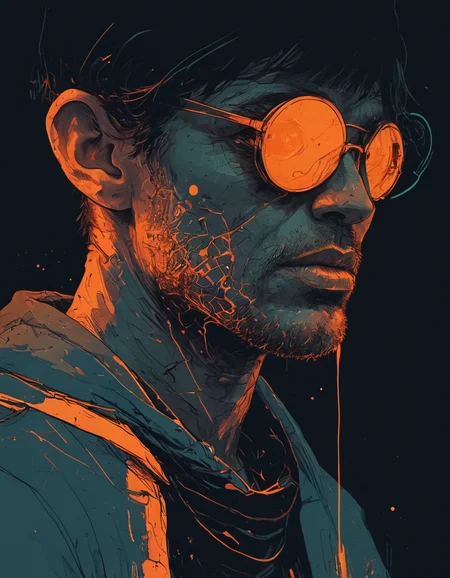 (style of El Huervo, Illustration:1.2), fflix-npt, neon lights, Abstract illustration, concept art, dark azure and orange colors, of a man, glowing glasses, in the style of the blue period, with a blue and orange palette, drip texture, poster design, vintage poster style, high contrast, high resolution, flat colors, pop art, InkSplash, style of Petros Afshar, Clyde Caldwell, max details, Sinozick Style