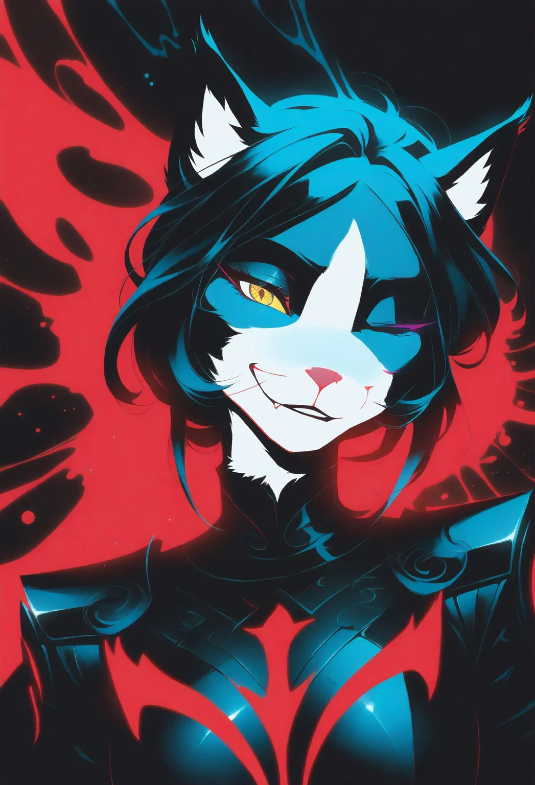 masterpiece, best quality, newest, absurdres, highres, one eye closed, seductive smirk, Ember (ESO), black hair, Anthro, Furry, yellow eyes, black and white fur, Feline, black armor, cat tail, (((reij-incs, silhouette character, black ink, neon colors, red theme, black theme, colors splash effect)))