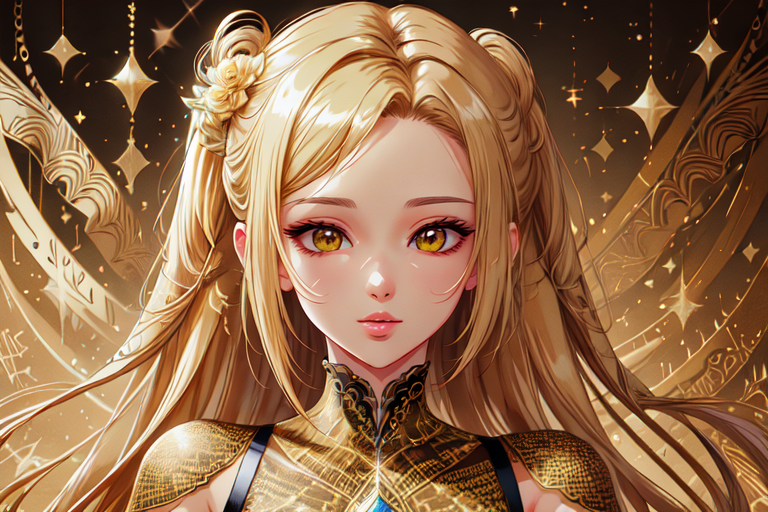 highly insanely detailed, masterpiece, top quality, best quality, highres, 4k, 8k, RAW photo, (very aesthetic, beautiful and aesthetic),  
(code_style,codestyle),(sympattern,geometric pattern), 
<lora:CodeStyle (half generic class)_564920:1>, 
(1girl:1.3), 1other, 
golden yellow background,âââ