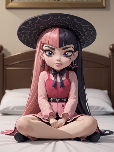 <lora:Draculora:1>draculaura, streaked hair, two-tone hair, pink hair, black hair, 1girl, long hair, solo, hat