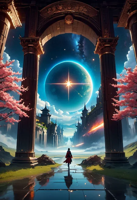 WLOP art style, Ancient,apocalypse,  unreal engine 5 style, star war, outdoors, The castle floating in the air, outer space planet, sky gate,  human, bulding night, meteor aurora , flower, top-down view, firefly -ar 9:16, high saturation, high contract, gold silver dragon