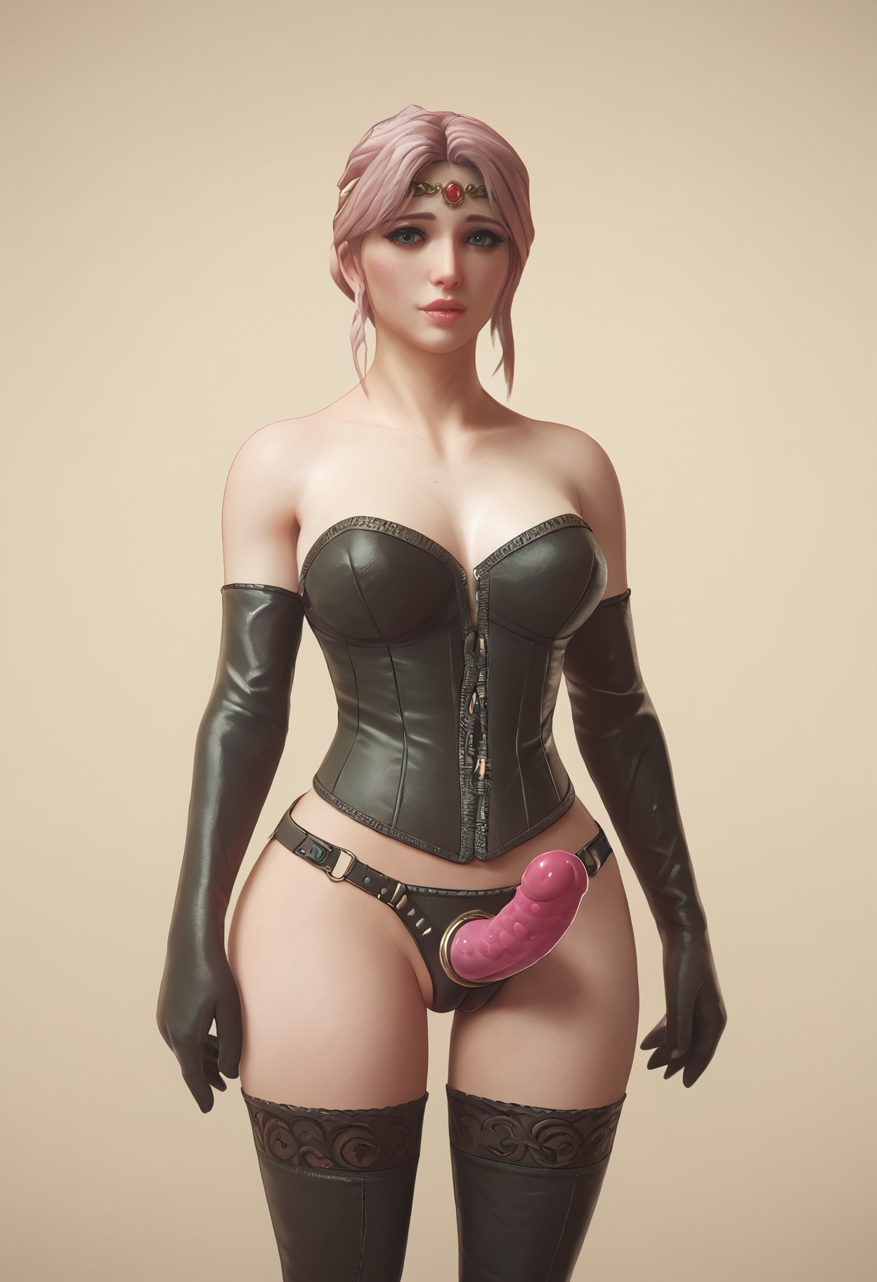 score_9, score_8_up, score_7_up,
 <lora:Jared999D_SKNFW:1> Jared999D_SKNFW, 
1girl, solo,
standing, 
looking at viewer, 
Papaya hair, Textured Quiff with Tapered Sides,
Small and rosebud shaped breasts breasts, 
corset, elbow gloves, thighhighs, 
bare shoulders, highleg panties, cameltoe, circlet, 
<lora:strap-on xl:1> strap-on,sex toy,dildo,
Gold background with thin navy lines, creating a minimalistic design.,