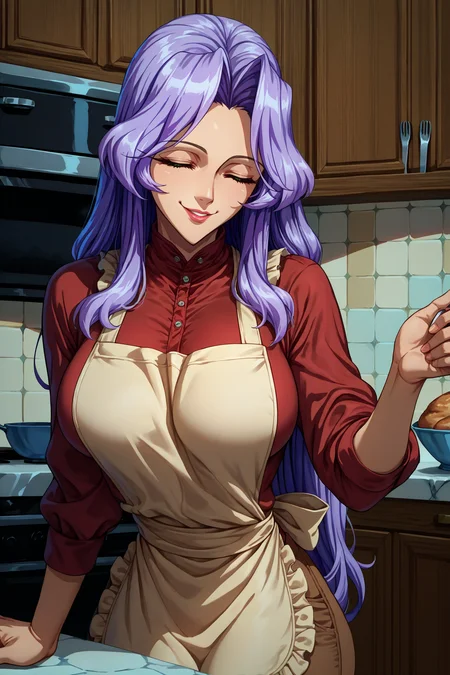 score_9, score_8_up, score_7_up, score_6_up, source_anime, 1girl, solo, <lora:valkfreya-pdxl-nvwls-v1-000004:1> valkFr, lavender hair, long hair, green eyes, lipstick, large breasts, red shirt, apron, brown pants, closed eyes, smile, happy, kitchen, looking at you