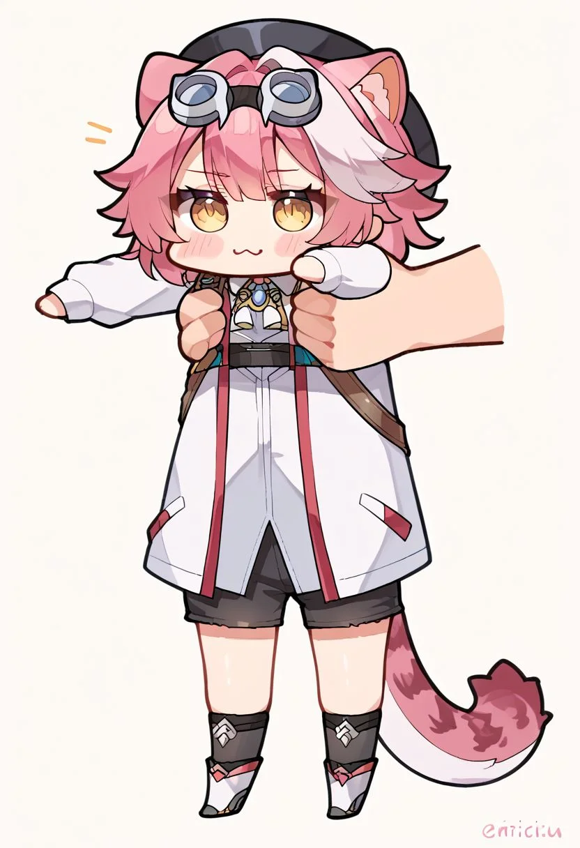 score_9, score_8_up, score_7_up, source_anime, 1girl, white background, 
BREAK ,
animal ears, tail, yellow eyes, streaked hair, multicolored hair, goggles, hat, raora_main, thighhighs, IncrsXLLCM, full body, chibi, holding person,