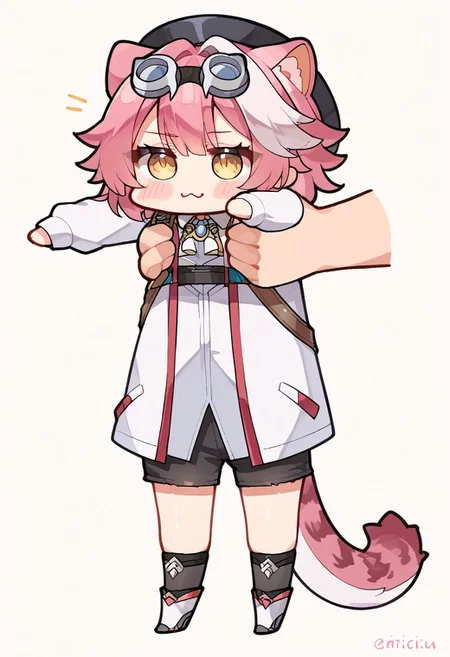 score_9, score_8_up, score_7_up, source_anime, 1girl, white background,
BREAK ,
animal ears, tail, yellow eyes, streaked hair, multicolored hair, goggles, hat, raora_main, thighhighs, IncrsXLLCM, full body, chibi, holding person,