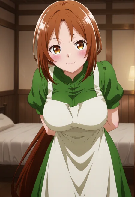 masterpiece, best quality,  absurdres, highres, cinematic light, 1girl, undefined<lora:azalea:1> azalea_wz, very long hair, brown hair, brown eyes, low ponytail, large breasts,  green dress, white apron, puffy short sleeves, standing, looking at viewer, indoors, wooden wall, room, bed, blurry background, leaning forward, arms behind back, seductive smile, blush,  <lora:anime_screencap-Illustrious_1064755:1> anime screencap, anime coloring