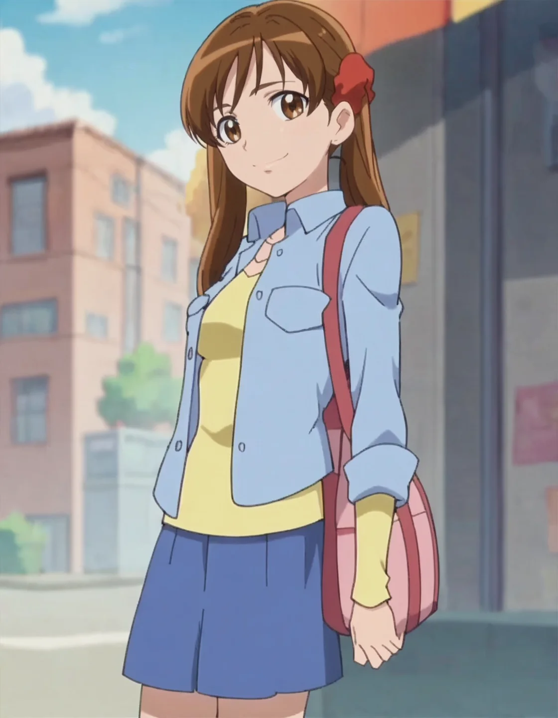 score_9, score_8_up, score_7_up,anime screencap,1girl,solo,sakagamiayumi, skirt, looking at viewer, smile, blue skirt, long sleeves,yellow shirt,blue jacket, medium breasts,<lora:sakagamiayumi:0.8>
