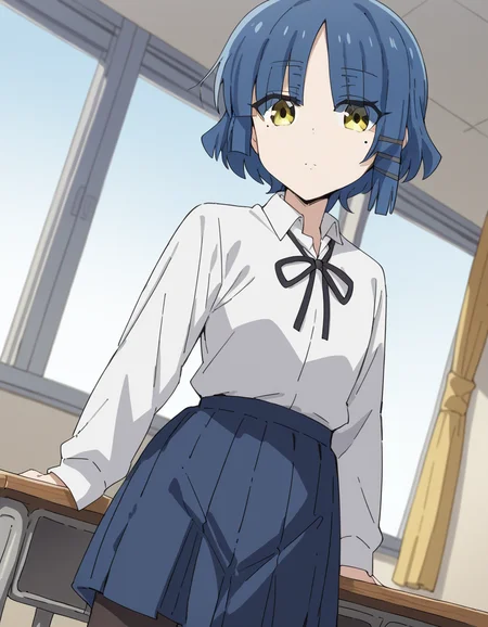 score_9, score_8_up, score_7_up, source_anime,
ryouyamada, <lora:ryou-yamada-s1-ponyxl-lora-nochekaiser:1>,
ryou yamada, blue hair, eyes visible through hair, mole, mole under eye, short hair, yellow eyes, hairclips,
black pantyhose, black ribbon, blue skirt, long sleeves, pantyhose, ribbon, school uniform, shimokitazawa high school uniform, shirt, skirt, white shirt,
indoors, classroom,
cowboy shot, solo, dutch angle, looking at viewer,