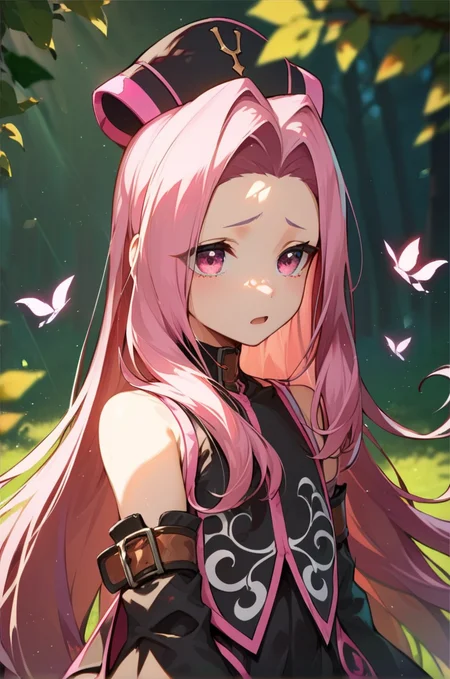 score_9, score_8_up, score_7_up, very aesthetic, source_anime, detailed, high quality, beautiful, masterpiece, detailed eyes,
<lora:lightXL:0.8>
forest, blurry background, magic effects,
<lora:action-sdxl-V0.5:1>zdyna_pose
dynamic angle, upper body, close up,
sad, open mouth, upper body, casting spell,
<lora:arietta_autismConfetti_v01:0.99>flat chest,
1girl, arietta \(tales\), black headwear, pink hair, pink eyes, garter straps, thighhighs, thigh boots, very long hair, zettai ryouiki, detached sleeves, parted hair, frills, black dress,, zPDXL