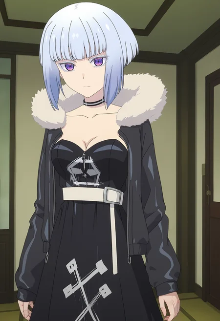 <lora:Shiraya_Tamaki-pony_v1.0-000016:1>,
Shiraya Tamaki,1girl,solo,breasts,jacket,cleavage,fur trim,choker,medium breasts,black dress,dress,closed mouth,collarbone,belt,black jacket,open jacket,open clothes,indoors,fur-trimmed jacket,