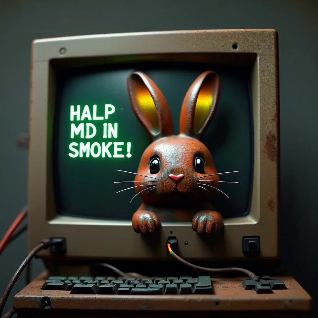 small cute rainbow colored bunny, on a monitor made out of Jed-Rst, Rusty, cable mess, mntnnc_md_plz_stand_by, text on monitor: "HALP! STUCK IN OLD COMPUTER", smoke in the air