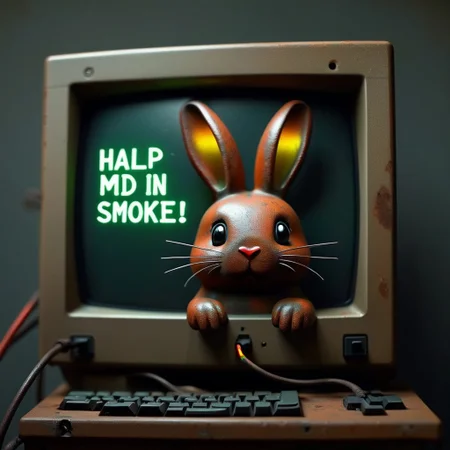 small cute rainbow colored bunny, on a monitor made out of Jed-Rst, Rusty, cable mess, mntnnc_md_plz_stand_by, text on monitor: "HALP! STUCK IN OLD COMPUTER", smoke in the air
