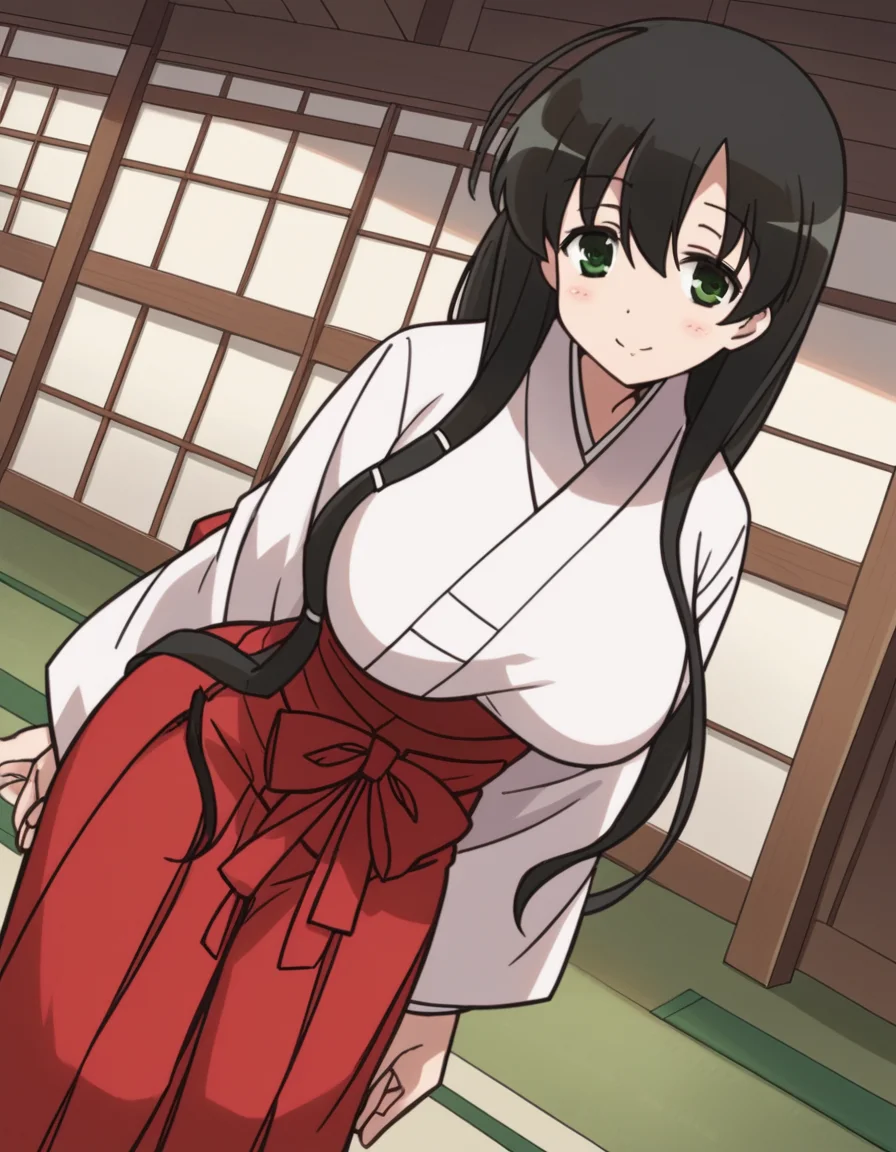 score_9, score_8_up, score_7_up, source_anime,
kasumiiwato, <lora:kasumi-iwato-s2-ponyxl-lora-nochekaiser:1>,
kasumi iwato, long hair, black hair, green eyes, hair between eyes, large breasts,
skirt, japanese clothes, hakama, hakama skirt, miko, red hakama,
indoors, dojo, bent over, smile,
cowboy shot, looking at viewer, solo, dutch angle,