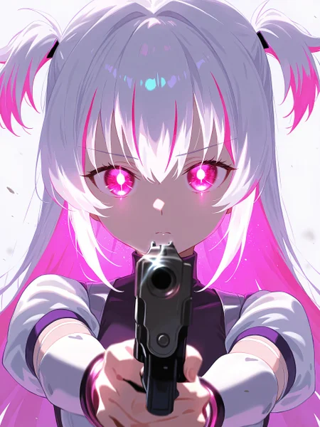 <lora:nai_ILL:0.8>,
<lora:Glowing_Spot_Color_-_Illustrious:0.6>, glowing eyes, streaked hair, glowing inner hair, glowing streaks,
1girl, aiming, aiming at viewer, blurry edges, closed mouth, finger on trigger, gun, hair between eyes, handgun, holding, holding gun, holding weapon, long hair, magical girl, pink eyes, purple hair, solo, turtleneck, upper body, weapon, white background, white hair,two side up,white dress