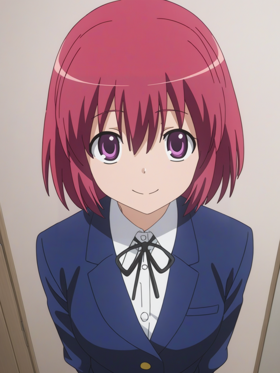 best quality,masterpiece,highres,absurdres,1girl,solo,newest,rating: explicit,nsfw, looking at viewer ,    <lora:Kushieda_Minori_XL-step00001400:0.8> ,(kushieda_minori, short hair, red hair, purple eyes), school uniform, oohashi high school uniform, jacket, blazer, shirt,smile,