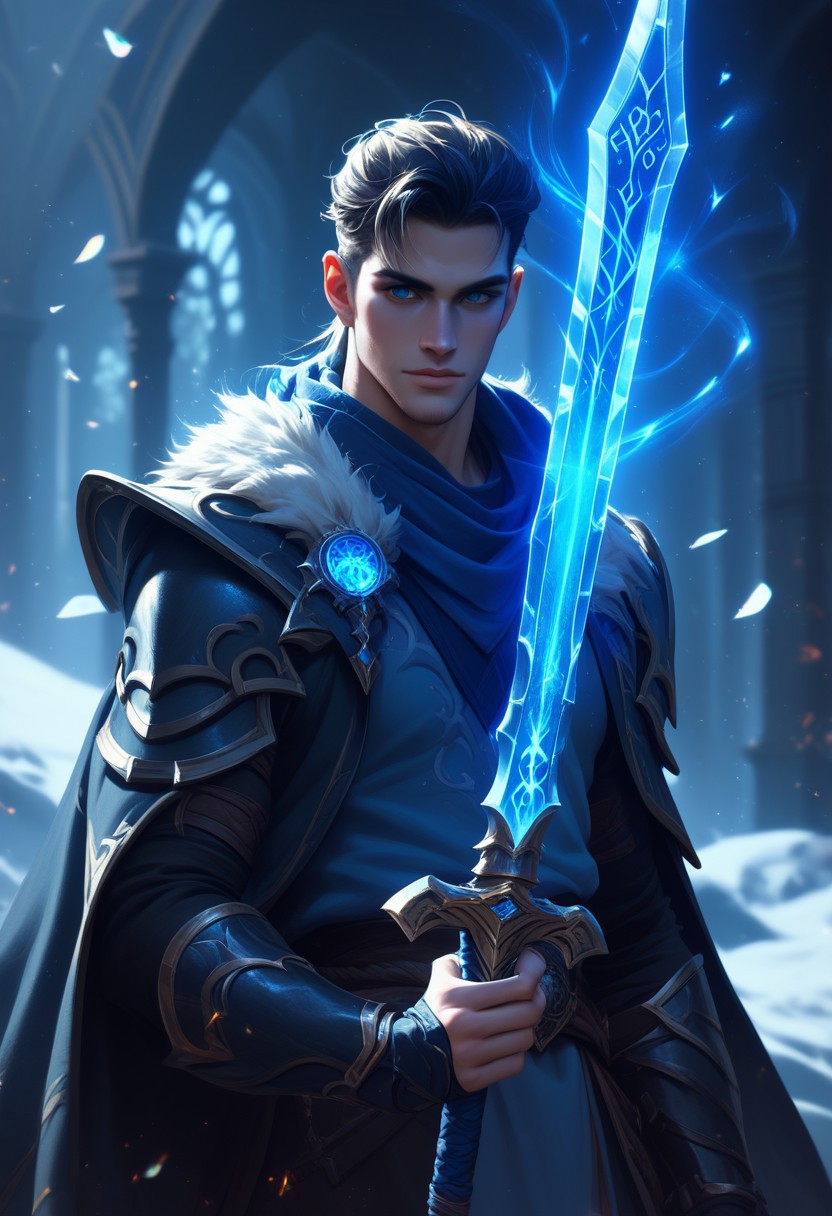 score_9,score_8_up,score_7_up, blue glowing runes on a magical sword, , fantasy scene