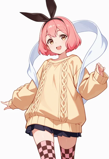 masterpiece,high quality details,absurdres, 
 <lora:Koshiba_Mai:0.8>
mar_cnr, 1girl, pink hair, short hair, bangs, brown eyes,black hairband,, simple background, white background, front view,solo,, :d,, oversized sweater ,hagoromo,short skirt,,checkered legwear thighhighs,