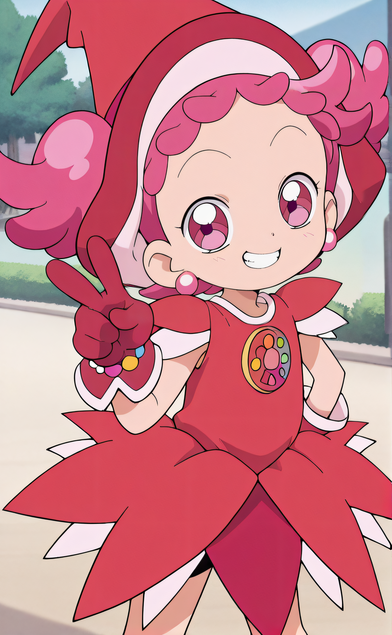 masterpiece, best quality, highres, newest, 1girl, solo, official style, anime screencap, <lora:IL_Harukaze_Pop:1>, harukazepop, child, pink hair, pink eyes, jewlery, earring, red witch hat, red dress, magical girl, red gloves, looking at viewer, smile, outdoor, cowboy shot, hand up, peace sign, grin, teeth