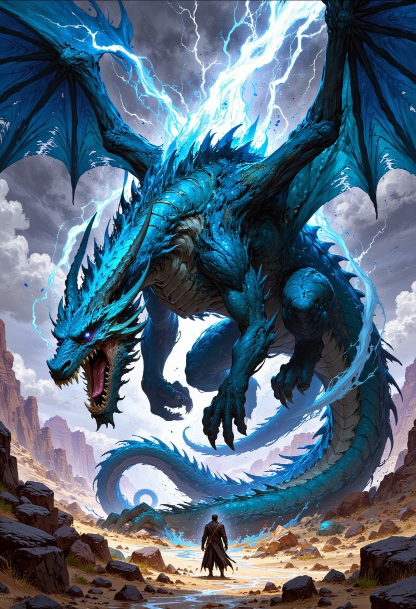 FluxEpicDragon, fantasy art, fantasy illustration, full body powerful blue dragon with large wings, lightning aura, desert
