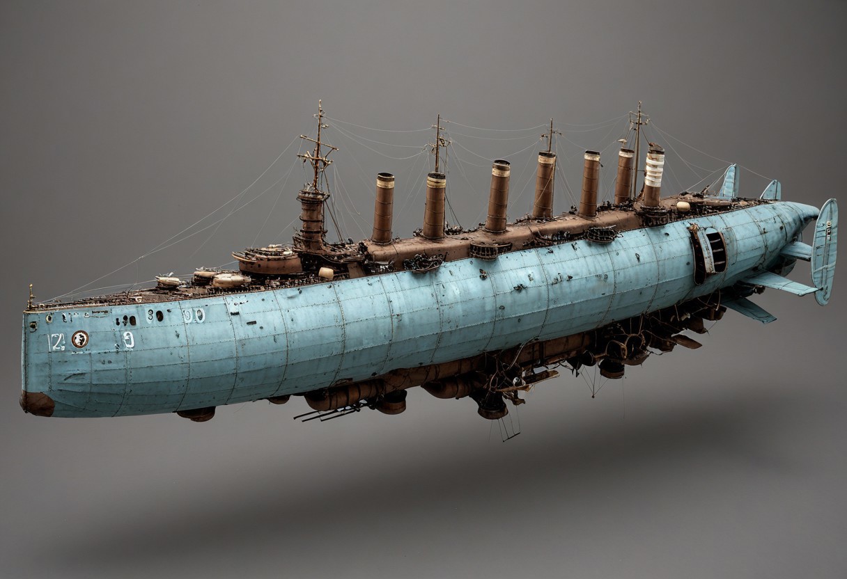 masterpiece, best_quality, very_aesthetic, highres, absurdres, ultra detailed, airship,  battleship, steampunk, Victorian, 
flying over the south sea,
 airship, vehicle focus, no humans, military vehicle, military, science fiction, aircraft flying, radio antenna, cannon, machinery, (light gray/light blue vehicle), 
spiral, pipe ,rivets, ,wire,