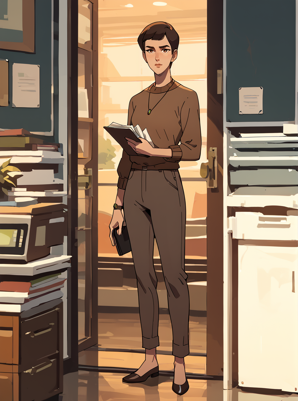 score_9, score_8_up, score_7_up, 1girl,short hair, cartoon, western animation, looking at viewer, flat colors, outline, full body, <lora:ellenkpxl:1>, ellenkpxl,  brown hair, brown sweater, necklace, 2d, office, pants,best quality,