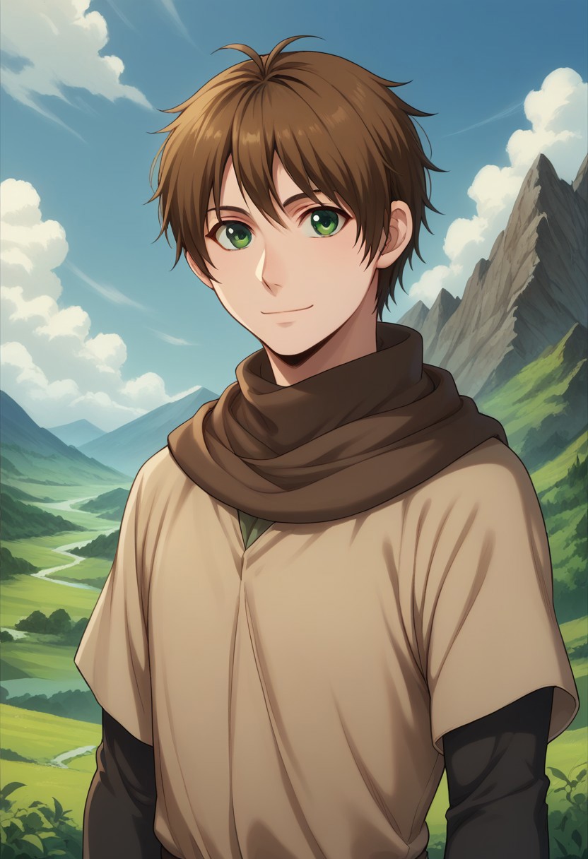 score_9, score_8_up, score_7_up, source_anime, highly detailed, 
elam, 1boy, male focus, solo, brown hair, green eyes, tunic, scarf, upper body, short over long sleeves, looking at viewer, smile, closed mouth, slender, skinny
outdoor, mountains, sky, clouds, wind,