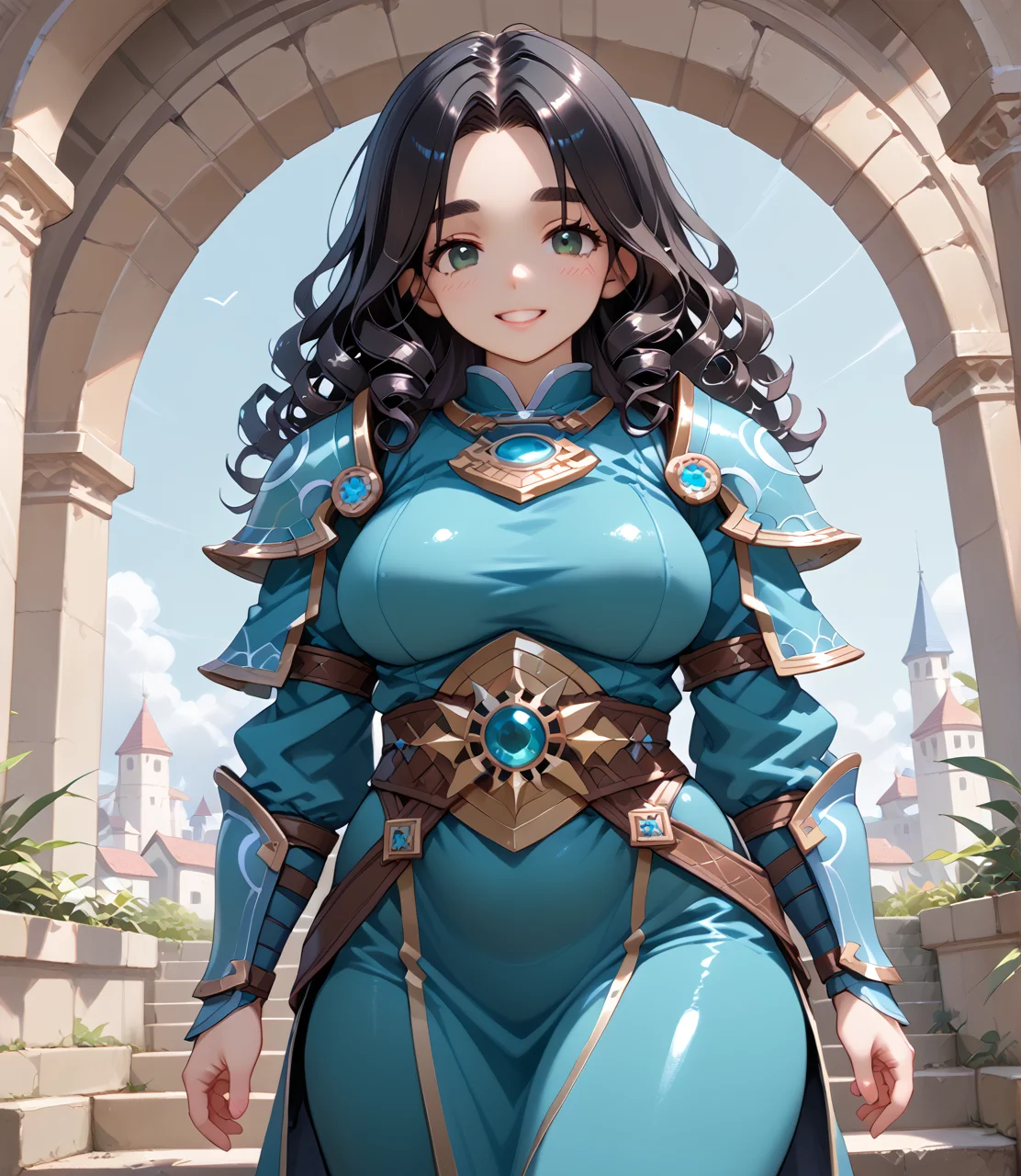 PonyScores7, source_anime, ah1, BREAK 1girl, (curly hair), long hair, (black hair:1.3), mature female, (parted hair:1.7), (round face:1.2), (fringe:-0.5), (bangs:-0.5), (hair between eyes:-0.5), (thick eyebrows), (curvy), round-chin, (greenish hazel eyes), caucasian, (downturned eyes:1.2), (plump face), <lora:ETO_OCPonyXL:0.5> eto_oc, skindentation, (plump), thick thighs, wide hips, busty, voluptuous, kinky curls, lips, <lora:venus body PonyXL:0.4>, (Triumphantgently, smile, shy), (in a dynamic action pose), (Open-air Museum), looking at viewer, <lora:edgArmoredPony:0.8> (ryb blue PLD_armor, a paladin's garb), BREAK <lora:xl_more_art-full_v1:0.2>, <lora:shinyskin2:0.2> glistening skin, <lora:aesthetic_anime_v1s:0.2>, <lora:Expressive_H:0.2> Expressiveh, <lora:hairdetailpxl:0.2> hairdetailpxl, <lora:EpicF4nta5yXL:0.2>, <lora:detailxl:0.2> detailxl, <lora:Fant5yP0ny:0.2>, best quality, amazing quality, best aesthetic, absurdres, <lora:expressive eyes:0.2> expressive eyes, <lora:eyedetailpxl:0.2> eyedetailpxl, illustration, Volumetric_Lighting, ultra-detailed, very aesthetic, intricate details, 8k, masterpiece, best_quality, BREAK (Dutch Angle (from behind) view Close shot (focus on waist)), BREAK <lora:Eyes_High_Definition:0.3> EyesHD, Stable_Yogis_PDXL_Positives, AS-Adult, <lora:Complicated fantasy portrait - XL Pony V2.0:0.4>, bad-hands-5,