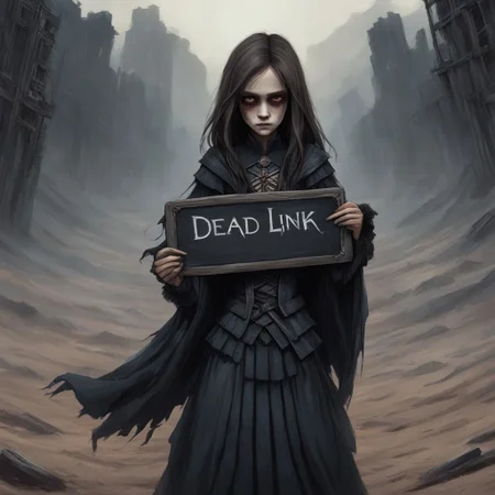 (((Ultra detailed, Megapixel))) 1girl, (((holding out a sign with a text "DEAD*LINK"))), by charlie bowater and dan mumford and trevor Brown, hands, terror, gloomy, dark, blank face, no face, wasteland background, no mouth, no eyes, long hair