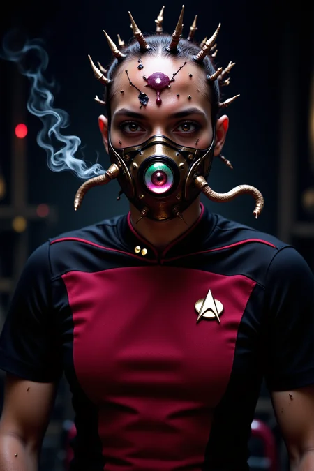 A close-up of a monstrous, stitched-together alchemist wearing red STSKNT uniform dress with black shoulders and red line on shoulders and with short black sleeves, their face a patchwork of different skins sewn with dark, enchanted threads that faintly glow in the dark. A third, unblinking eye is embedded in their forehead, its iris a churning mixture of deep purples and greens. The alchemist wears a heavily adorned, alchemical mask over their lower face, the glass lenses reflecting a chaotic lab filled with writhing tentacles and arcane sigils. Smoky tendrils leak from the maskâs breathing tubes, twisting in the air like living shadows, enhancing the unsettling atmosphere around them.<lora:Smooth_Mix_-_Flux:0.7><lora:FluxMythP0rtr4itStyle:0.8><lora:ST_SKANTV2_FLUX>