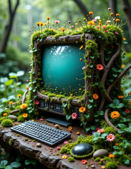 highly detailed and fantastical scene. The central image should depict a large flatscreen computer monitor with a keyboard next to it, surrounded by flowers and overgrown with ivy. Nature took over, <lora:flux_floralizer_2:1>