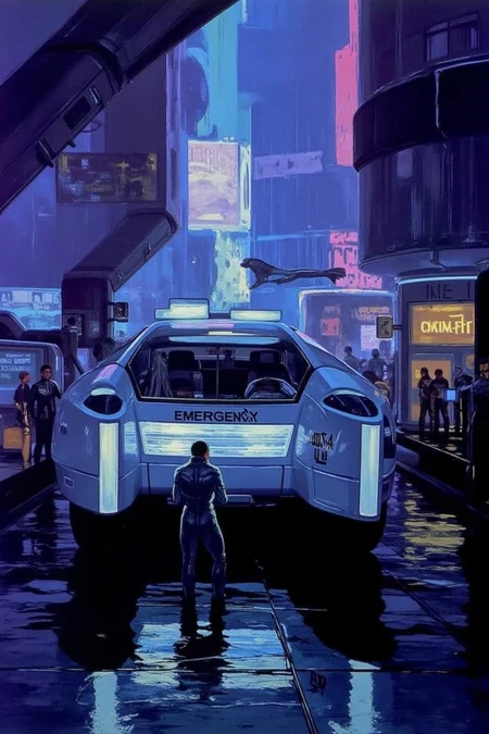sydme1 painting
a futuristic, high-tech environment. The scene is dominated by a sleek, silver, futuristic vehicle labeled "EMERGENCY 20" with a distinctive, angular design, featuring a large, curved windshield and glowing blue lights. The vehicle is positioned in the foreground, slightly to the right, on a reflective, wet surface that mirrors the surrounding neon lights. <lora:sydme6_cap_d6a3:1.0><lora:811017583865288347:0>