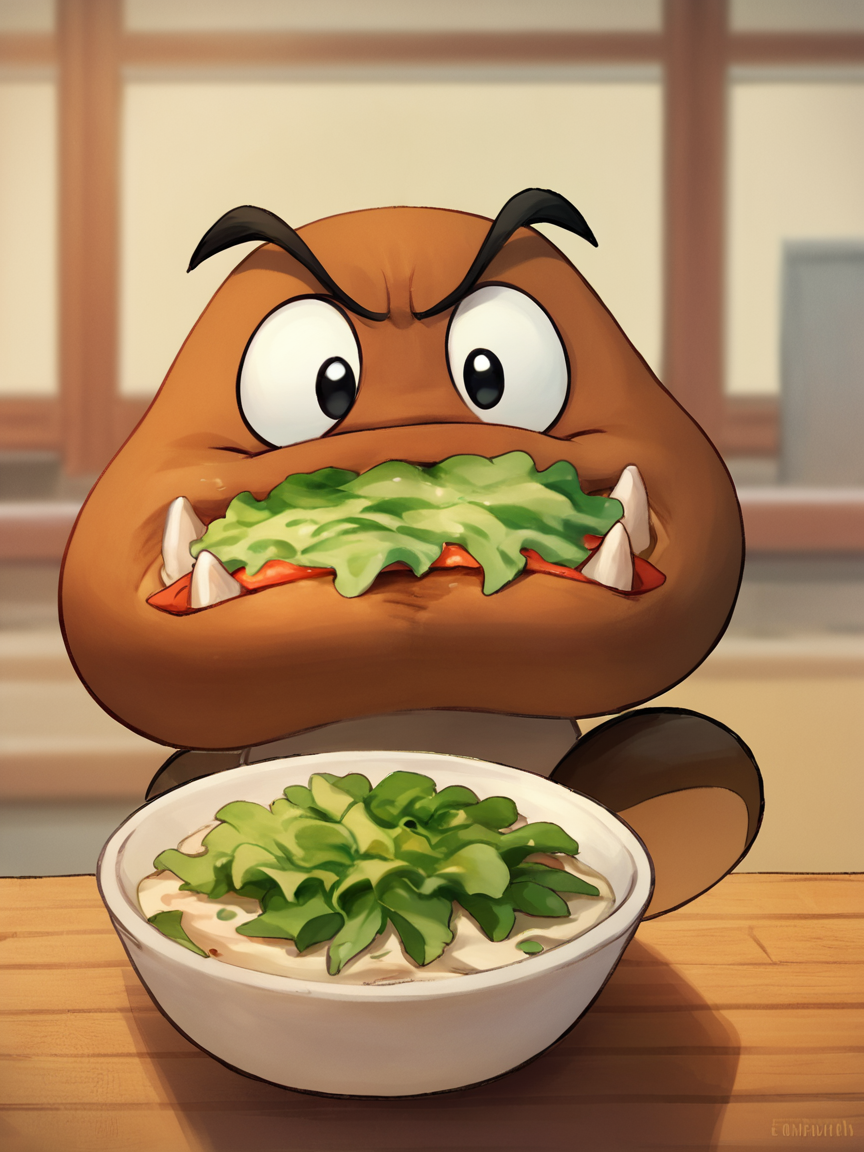 <lora:Women_Laughing_Alone_With_SaladPony:1> <lora:Request_Goomba_Super_Mario_Brothers_for_PonyXL:1> g00mb4, solo, 1boy, black eyes, fangs, eating salad, laughing, score_9, score_8_up, score_7_up, score_6_up, score_5_up, score_4_up