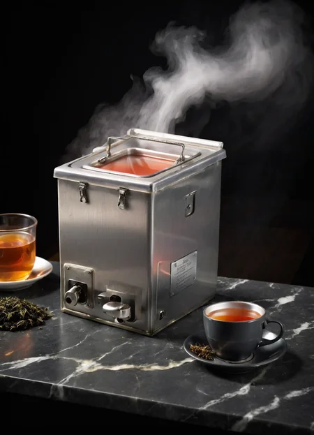 advertising for a (blngvsl) item on a black marble table, open lid, dramatic light, cup of tea in the foreground with hot steam rising in the air,
<lora:British_Army_Boiling_Vessel_SDXL:1>