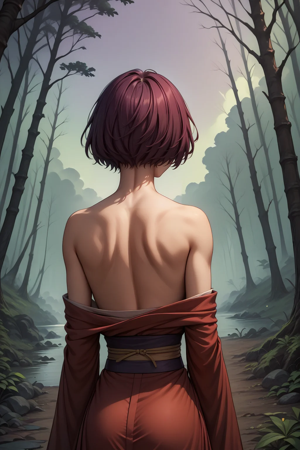 score_9, score_8_up, 1girl, solo, <lora:NSNeimiFE8:0.8> NSNeimiFE8, short hair, from behind, red kimono, haunted forest, dark forest, purple background, green sky, green clouds, bare shoulders