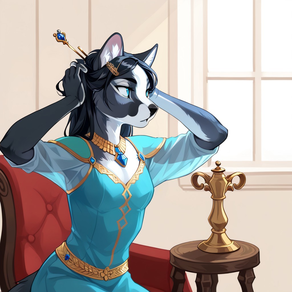 score_9, score_8_up, score_7_up, score_6_up solo, anthro, gynomorph, demicoeur, (masterpiece), best quality, renaissance, 17th century, 1girl, solo, small breasts, furry cat, furry female, fur, portrait, (renaissance dress), ((adjusting hairpin, hairpin, hands on hair)), sitting, on stool, portrait, closeup, looking away, BREAK, bedroom background, bright