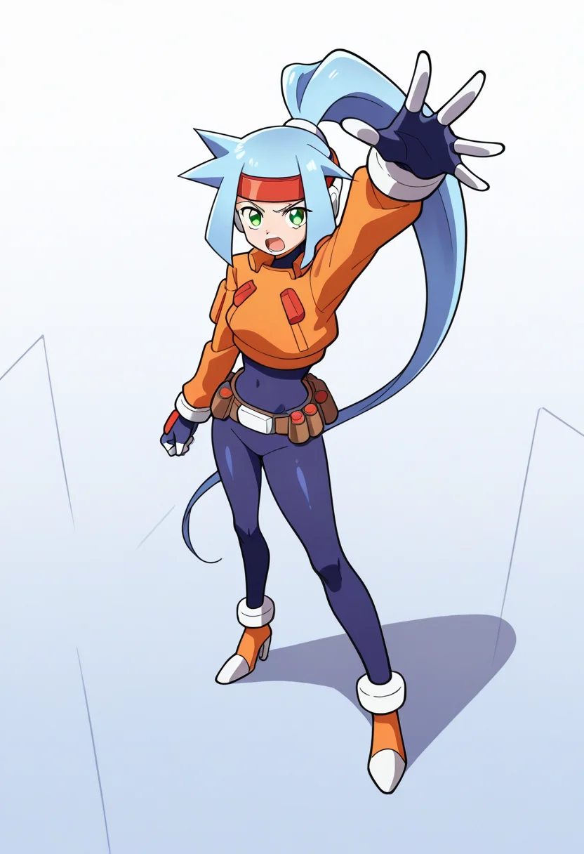 1girl, solo, ashemmzxa, blue hair, long hair, high ponytail, headband, green eyes, robot ears, bodysuit, crop top, long sleeves, white bracelet, gloves, belt, high heels, from above, one arm up, reaching out, standing, open mouth, shouting,