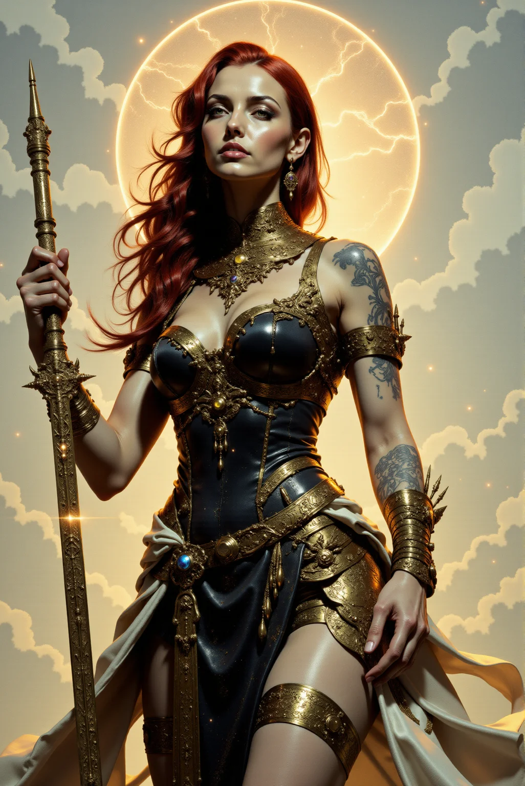 <lora:FANCHA_v.4:0.99> Fancha style. A celestial huntress stands with poise and authority, her body adorned in intricate battle regalia combining elements of delicate, bronze-like metallics and flowing, ethereal fabrics. Her hair flows in radiant shades of crimson and gold, blending into the faint glow of the cosmic aura that surrounds her. Her ornate, magical weapon—a blade shimmering with stars and swirling galaxies—is poised behind her, as if it exists in harmony with her celestial essence. Tattoos of ancient constellations weave across her arms and chest, glowing faintly in the soft light. Her expression is a mix of fierce determination and calm serenity, as though she is both protector and destroyer. The background fades into a subtle gradient of warm golds and whites, emphasizing her as the focal point of this cosmic vision.