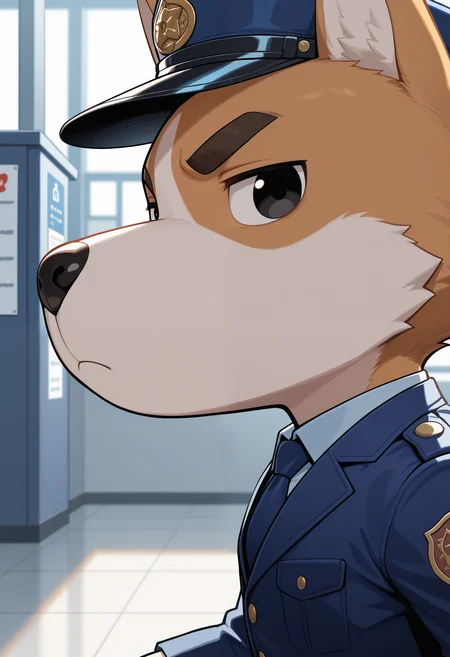 masterpiece,best quality, amazing quality, 1boy, solo, c0pper, dog boy, chibi, white undershirt, blue collared shirt, close up, side angle, black eyes, blue necktie, serious, looking at viewer, police station,