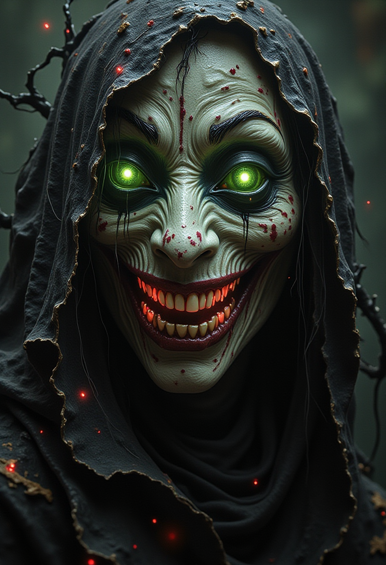 ws, this composition envisions a surreal and haunting portrayal of Mater Lachrymarum, the Mother of Tears. The scene features a close-up portrait of a smiling woman, revealing sharp teeth, her face half-shrouded in shadow, green eyes glowing. Her expression is a blend of grief and mystique, as if she carries the burden of ancient sorrows. The texture of the artwork reflects a unique combination of materials: the background is painted in the style of an oil painting, with brushstrokes that are rich and tactile, while her featuresâparticularly the reflective surface of her cloakâare rendered in copper, giving them a metallic sheen. The overall tone is dark yet luminous, blending classical painting techniques with a modern, metallic finish, evoking both emotional depth and otherworldly beauty. Hints of glowing red are subtly incorporated into the ceramic elements, adding to the ethereal quality of her presence.