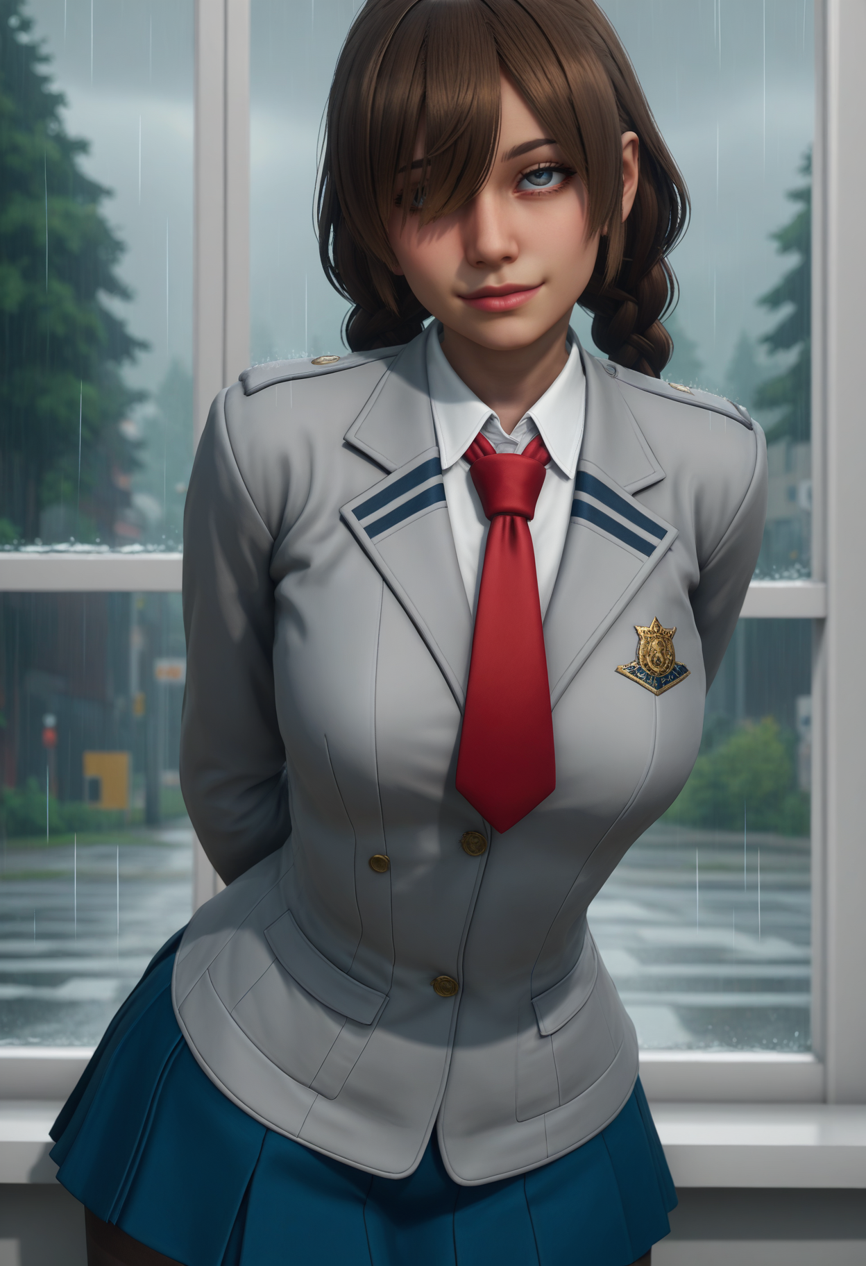 score_9, score_8_up, score_7_up,
1girl, solo, school uniform:grey jacket:blue skirt, black pantyhose, red necktie. twin braids:hair over one eye,
indoors, window, rain, tree, dark, standing, leaning forward, arms behind back, head tilt, facing viewer, rolling eyes, light smile, very wide shot, depth of field, 
 <lora:Dark_Dalia_Pony_v1.0:0.75> d4rkd4l14,