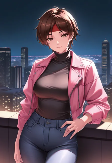 masterpiece, best quality, newest, absurdres, highres , <lora:SakuraKasuganoIllustrious:0.9>, SAKSFDF,brown hair, short hair, red headband, brown eyes, black turtleneck, pink jacket, breasts, night, cityscape, hand on own hip, seductive smile, looking at viewer, jeans, 1 girl, solo, open jacket,