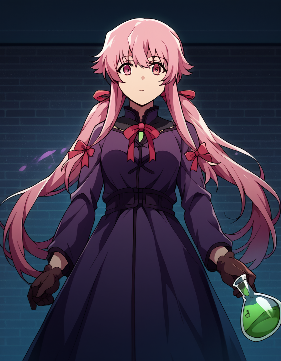 score_9, score_8_up, score_7_up, source_anime, <lora:yuno-gasai-s1-ponyxl-lora-nochekaiser:1>, yuno gasai, long hair, pink hair, pink eyes, sidelocks, ribbon, red ribbon, hair ribbon, twintails, medium breasts, <lora:wizard-ponyxl-lora-nochekaiser:1>, wizard, wizard hat, robe, dress, long sleeves, gloves,, indoors, bricks, potion, flask, vial,, cowboy shot,, , dutch angle, cowboy shot