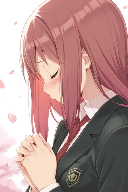 masterpiece, best quality, amazing quality,
 <lora:Haruka_IL:1> haruka, 1girl, solo, closed eyes, petals, blush, long hair, red hair, profile, necktie, school uniform, from side, own hands together, blazer