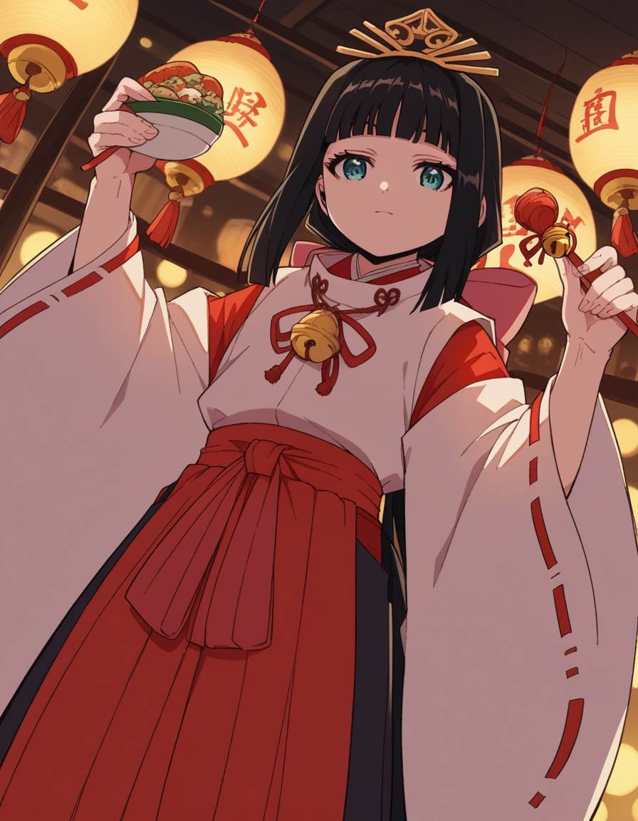 score_9, score_8_up, score_7_up, source_anime, <lora:nigewaka-shizuku-s1-ponyxl-lora-nochekaiser:1>, shizuku, long hair, bangs, blue eyes, black hair, blunt bangs,, japanese clothes, bell, miko, skirt, long sleeves, ribbon, wide sleeves, red ribbon, ribbon trim, hakama, hakama skirt, jingle bell, ribbon-trimmed sleeves, miko, red hakama,, restaurant, laughter, good food, warm lighting, celebration, , looking at viewer, from below, solo,, cowboy shot, dutch angle