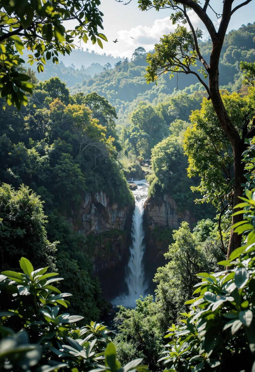 A vibrant rainforest canopy photographed from above, showing an endless expanse of tree crowns bursting with shades of emerald, lime, and jade. In the heart of the green tapestry, a hidden waterfall cascades down, releasing mist that catches glimmers of sunlight breaking through the clouds. Birds in mid-flight, barely visible in the mist, add a dynamic element, while the shadows play across the treetops, revealing the forestâs depth and complexity. Taken with a Hasselblad camera and cinematic lighting, the photograph captures the lush, undisturbed beauty of one of Earthâs last natural paradises.<lora:Flux.1_Turbo_Detailer.safetensors:0.75:0.75>