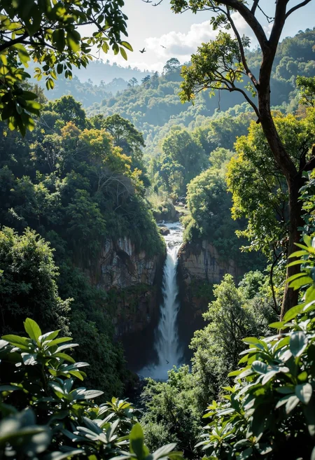 A vibrant rainforest canopy photographed from above, showing an endless expanse of tree crowns bursting with shades of emerald, lime, and jade. In the heart of the green tapestry, a hidden waterfall cascades down, releasing mist that catches glimmers of sunlight breaking through the clouds. Birds in mid-flight, barely visible in the mist, add a dynamic element, while the shadows play across the treetops, revealing the forestâs depth and complexity. Taken with a Hasselblad camera and cinematic lighting, the photograph captures the lush, undisturbed beauty of one of Earthâs last natural paradises.<lora:Flux.1_Turbo_Detailer.safetensors:0.75:0.75>