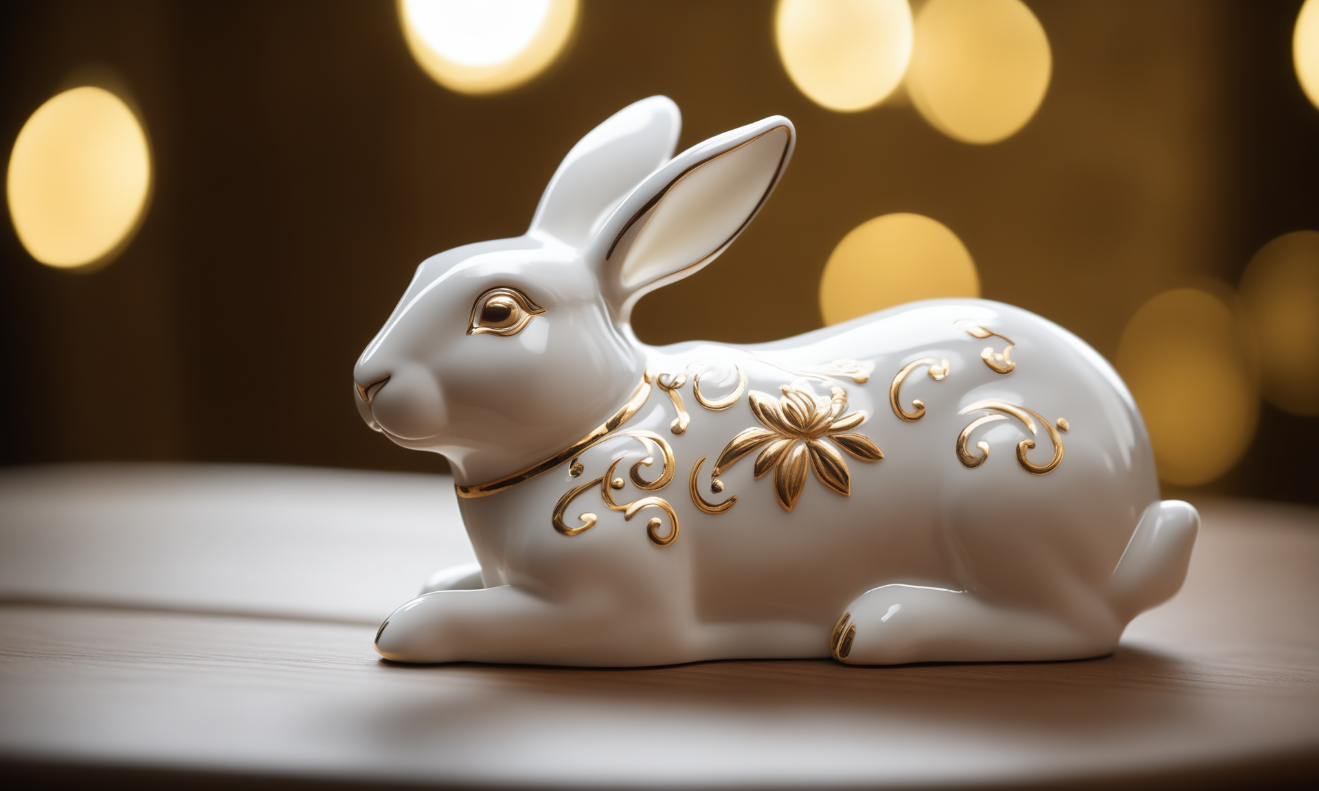 cinematic film still <lora:pcporcelaincd_xl-000006:0.7>,a handmade model toy of a hare made of (pcporcelaincd_xl,porcelain,white theme,gold lacquer,shiny:1.3) in office,no humans,long-focus,tilt-shift,indoors,full body,chinese zodiac,wooden table,cutie,cute,still life,animal statue,front view,facing viewer,looking at viewer . shallow depth of field, vignette, highly detailed, high budget, bokeh, cinemascope, moody, epic, gorgeous, film grain, grainy, 8K, HDR, UHD, masterpiece, best quality, highly detailed, high resolution, finely detail, extremely detailed, ultra detailed, wallpaper